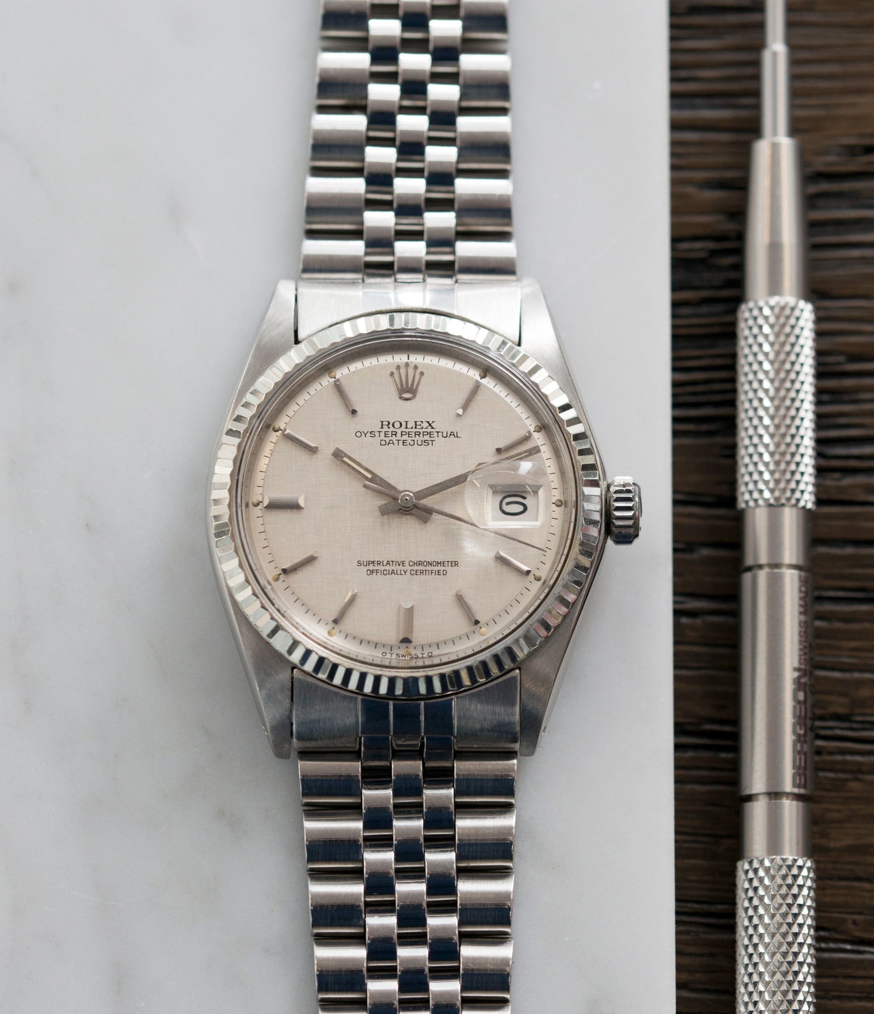 buying Rolex Datejust 1601 linen dial Oyster Perpetual vintage automatic steel sport dress watch for sale online at A Collected Man London UK specialist rare vintage watches