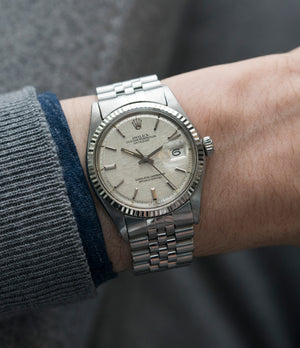 wristwatch Rolex Datejust 1601 linen dial Oyster Perpetual vintage automatic steel sport dress watch for sale online at A Collected Man London UK specialist rare vintage watches