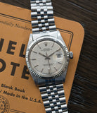 shop Rolex Datejust 1601 linen dial Oyster Perpetual vintage automatic steel sport dress watch for sale online at A Collected Man London UK specialist rare vintage watches