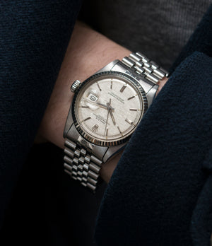 steel Rolex Datejust 1601 linen dial Oyster Perpetual vintage automatic steel sport dress watch for sale online at A Collected Man London UK specialist rare vintage watches