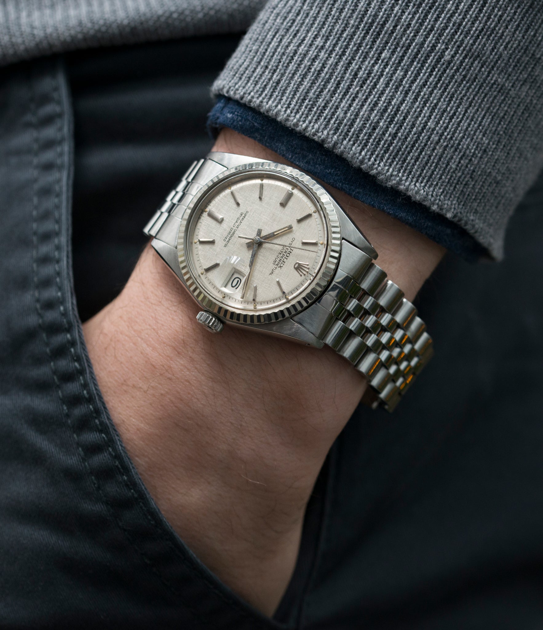 cool vintage Datejust 1601  Rolex linen dial Oyster Perpetual vintage automatic steel sport dress watch for sale online at A Collected Man London UK specialist rare vintage watches