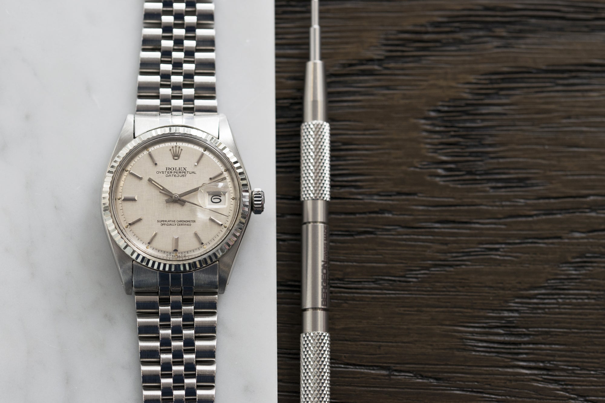 Rolex Datejust 1601 linen dial Oyster Perpetual vintage automatic steel sport dress watch for sale online at A Collected Man London UK specialist rare vintage watches