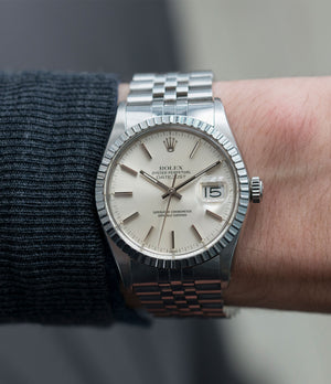 men's luxury wristwatch vintage full set Rolex Datejust 16030 steel automatic silver dial watch Jubilee bracelet for sale online at A Collected Man London UK vintage watch specialist