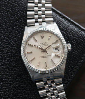 vintage full set Rolex Oyster Perpetual Datejust 16030 steel automatic silver dial watch Jubilee bracelet for sale online at A Collected Man London UK vintage watch specialist
