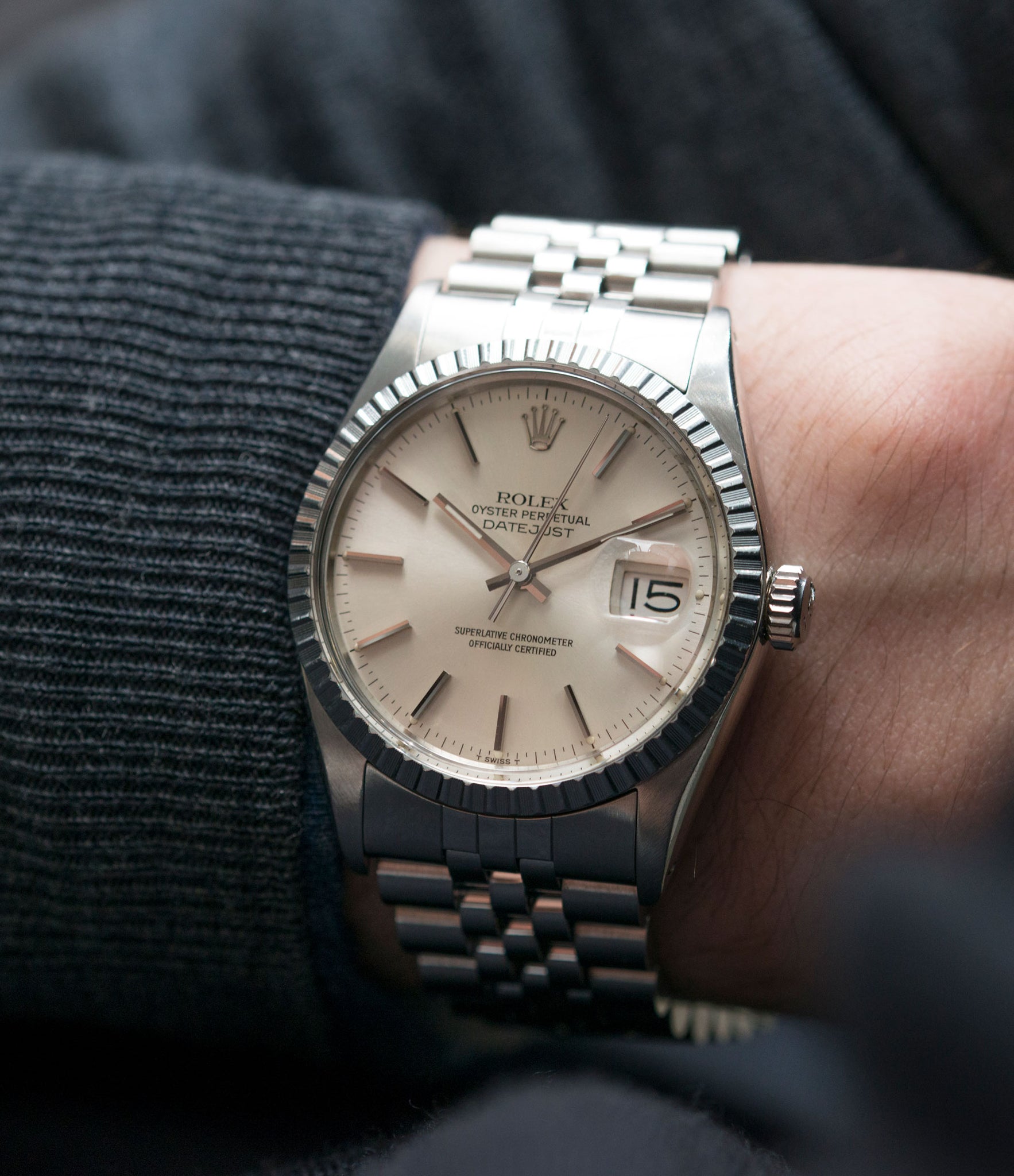 on the wrist Rolex Oyster Perpetual Datejust 16030 steel automatic silver dial watch Jubilee bracelet for sale online at A Collected Man London UK vintage watch specialist