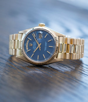 for sale vintage Rolex Day-Date 1803 Oyster Perpetual Cal. 1556 gold watch blue dial for sale online at A Collected Man London UK specialist of rare watches