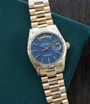 buy Rolex Day-Date 1803 Oyster Perpetual Cal. 1556 gold watch blue dial for sale online at A Collected Man London UK specialist of rare watches