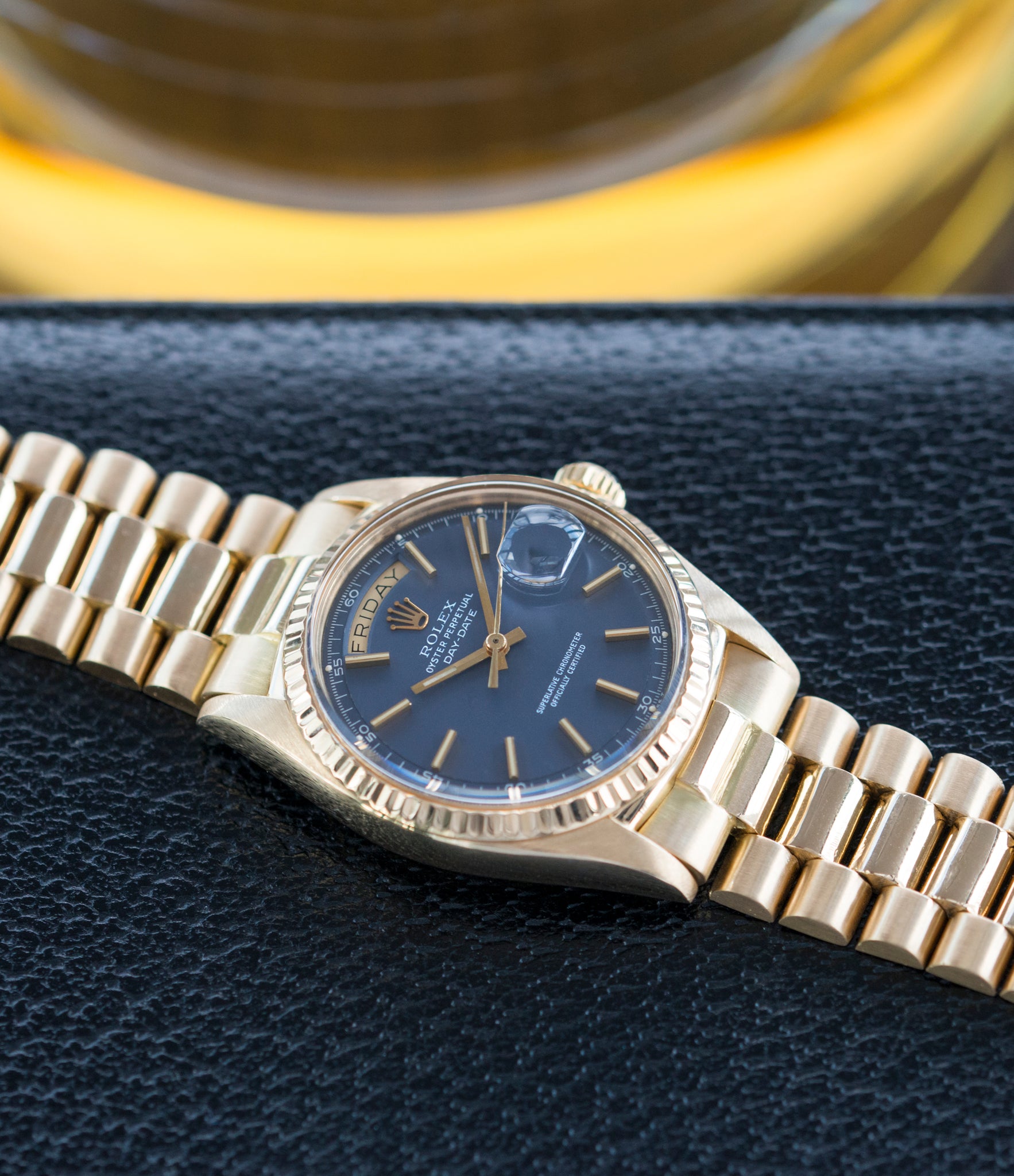 selling vintage Rolex Day-Date 1803 Oyster Perpetual Cal. 1556 gold watch blue dial for sale online at A Collected Man London UK specialist of rare watches
