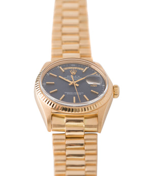 selling blue dial Day-Date vintage Rolex 1803 Oyster Perpetual Cal. 1556 gold watch for sale online at A Collected Man London UK specialist of rare watches