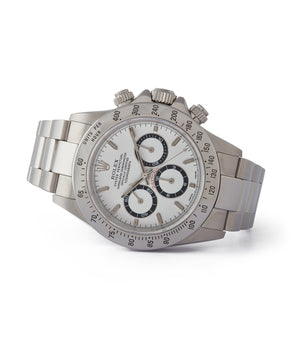 side-shot rare white dial Rolex Daytona 16520 Zenith steel vintage chronograph sports watch full set for sale online A Collected Man London specialist rare watches