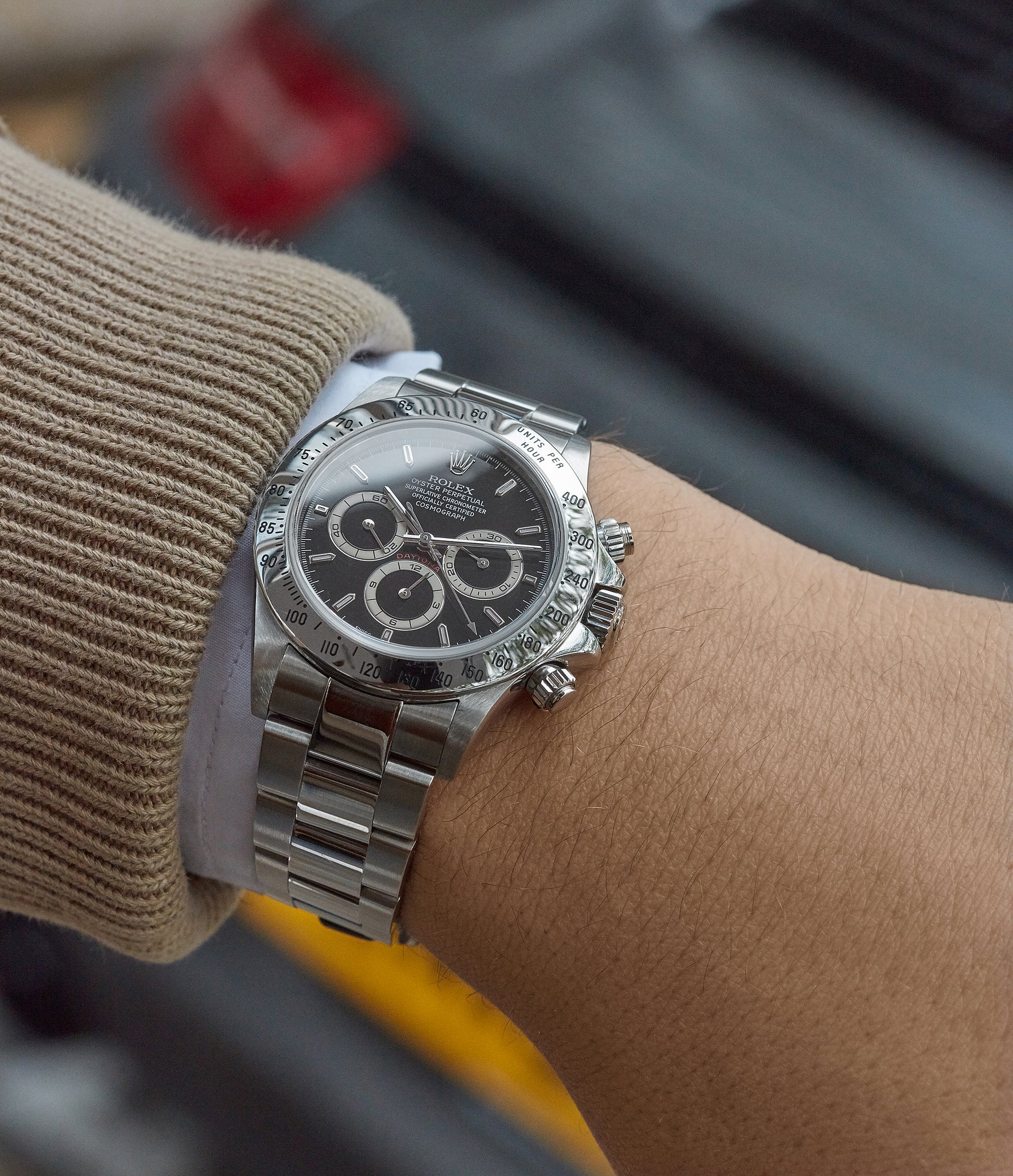 men's wristwatch vintage Rolex Zenith Daytona 16520 P series steel chronograph watch black dial for sale online at A Collected Man London UK specialist of rare watches