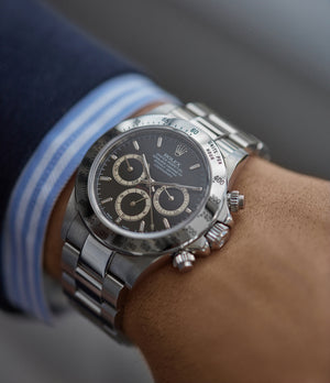 P-series Rolex Zenith Daytona 16520 steel chronograph watch black dial for sale online at A Collected Man London UK specialist of rare watches