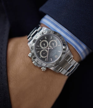 men's vintage watch Rolex Zenith Daytona 16520 P series steel chronograph watch black dial for sale online at A Collected Man London UK specialist of rare watches