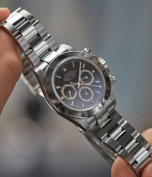 hands on with Rolex Zenith Daytona 16520 P series steel chronograph watch black dial for sale online at A Collected Man London UK specialist of rare watches