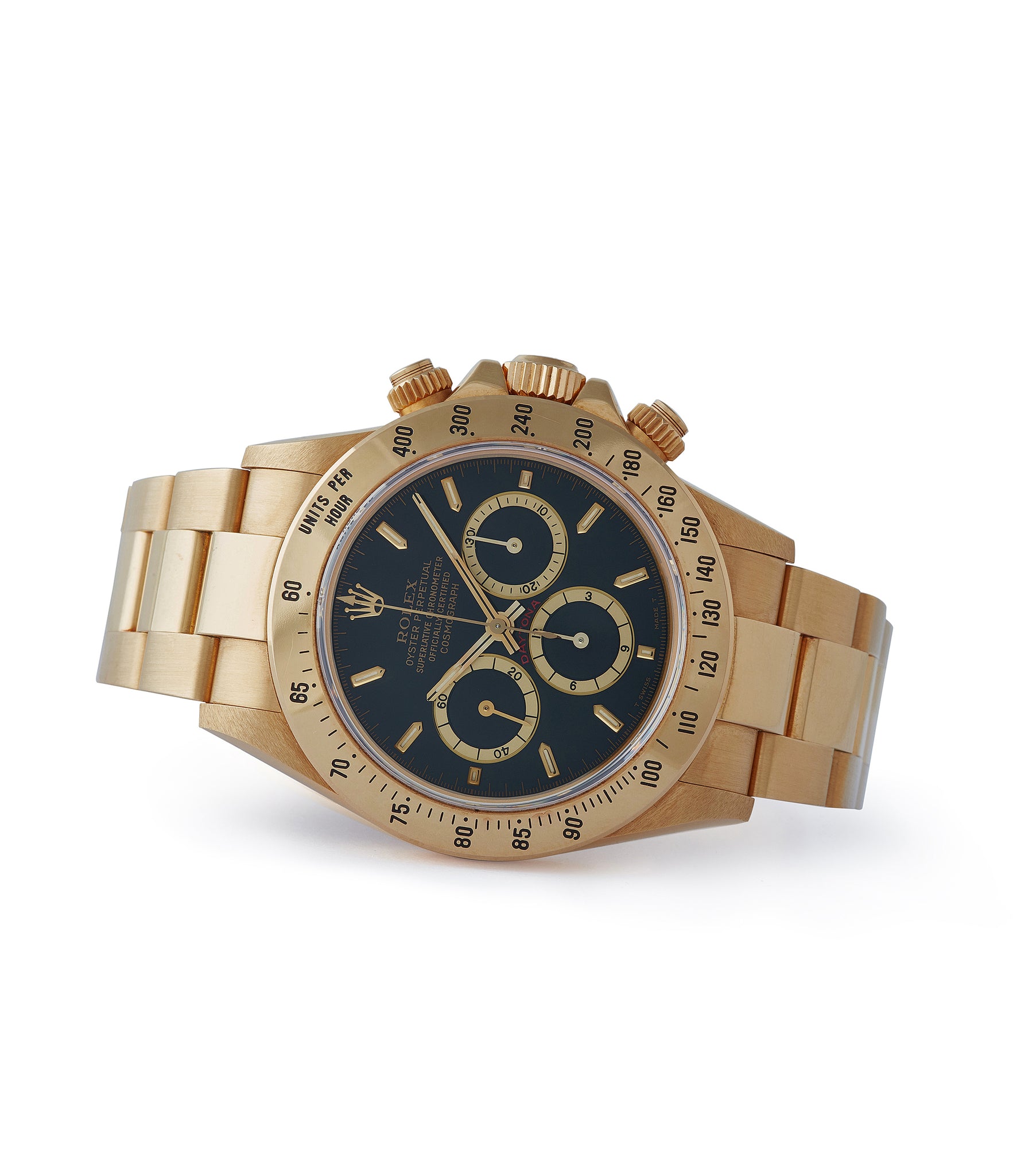 side-shot black dial Rolex Daytona Automatique 16528 Zenith yellow gold black dial full set vintage watch for sale online at A Collected Man London UK specialist of rare watches