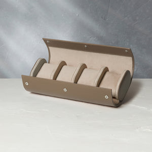 Rome, four-watch roll Four-watch oval-shaped roll in desert taupe Saffiano leather | A Collected Man | Available Worldwide