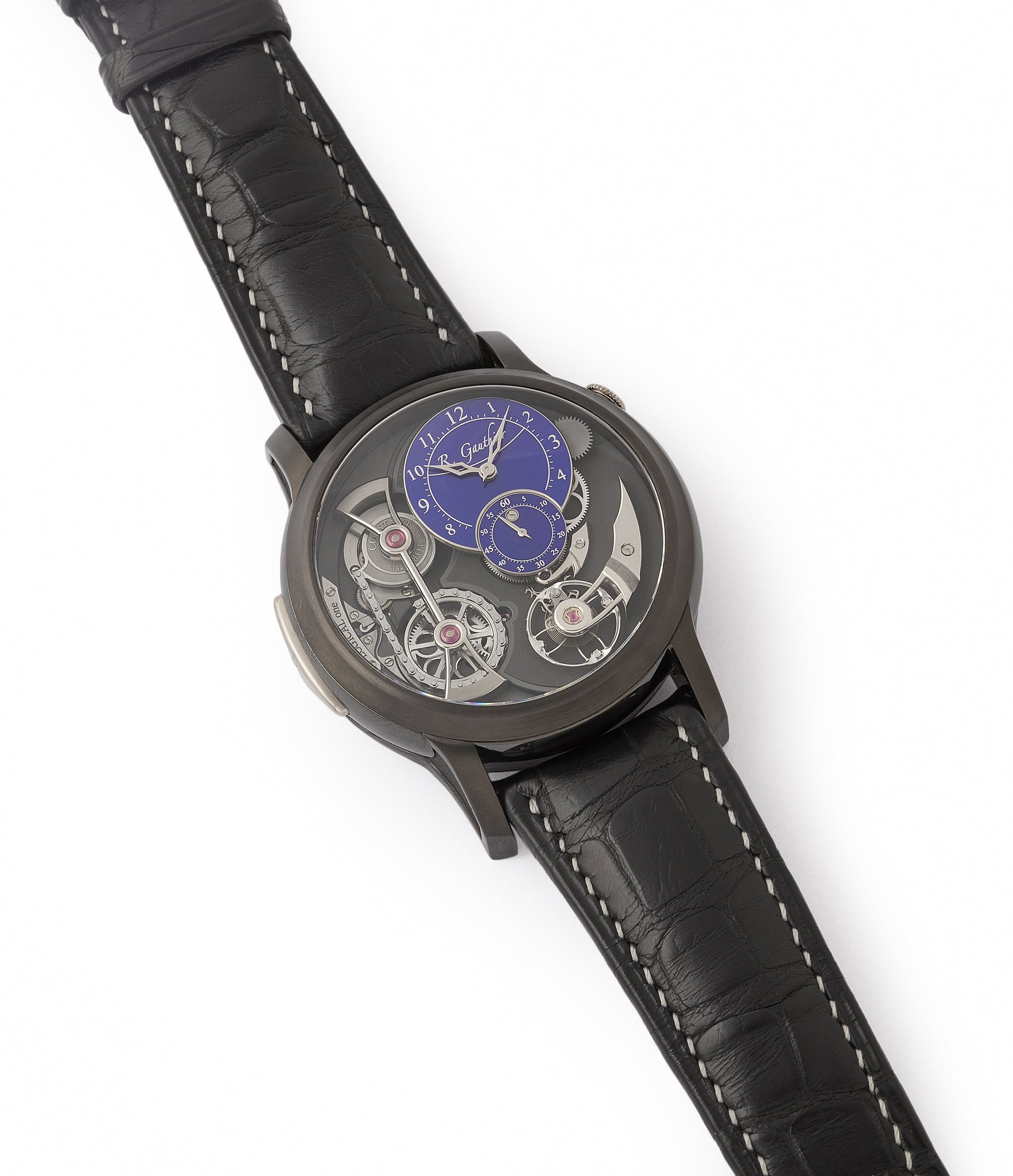 shop Romain Gauthier Limited Edition Logical One BTG titanium watch blue enamel dial for sale online at A Collected Man London UK specialist of independent watchmakers