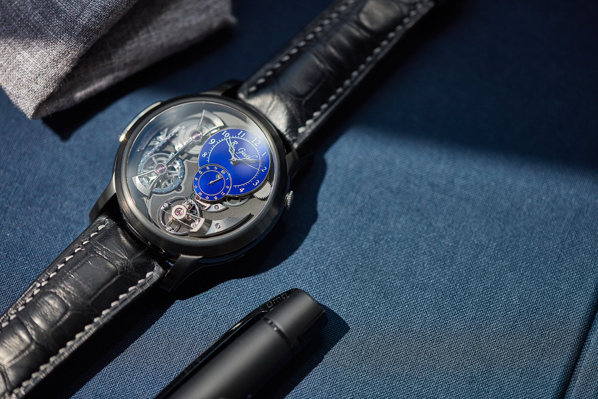 collecting rare watches Romain Gauthier Limited Edition Logical One BTG titanium watch blue enamel dial for sale online at A Collected Man London UK specialist of independent watchmakers