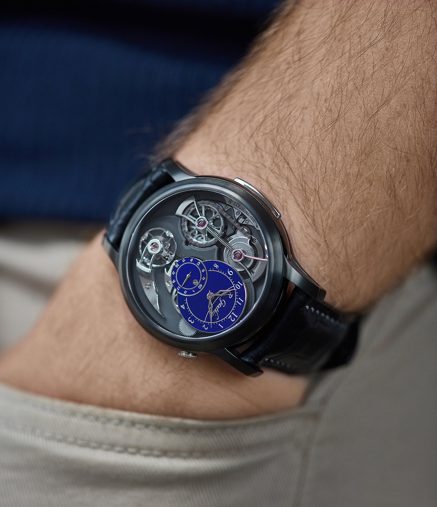 on the wrist Romain Gauthier Limited Edition Logical One BTG titanium watch blue enamel dial for sale online at A Collected Man London UK specialist of independent watchmakers