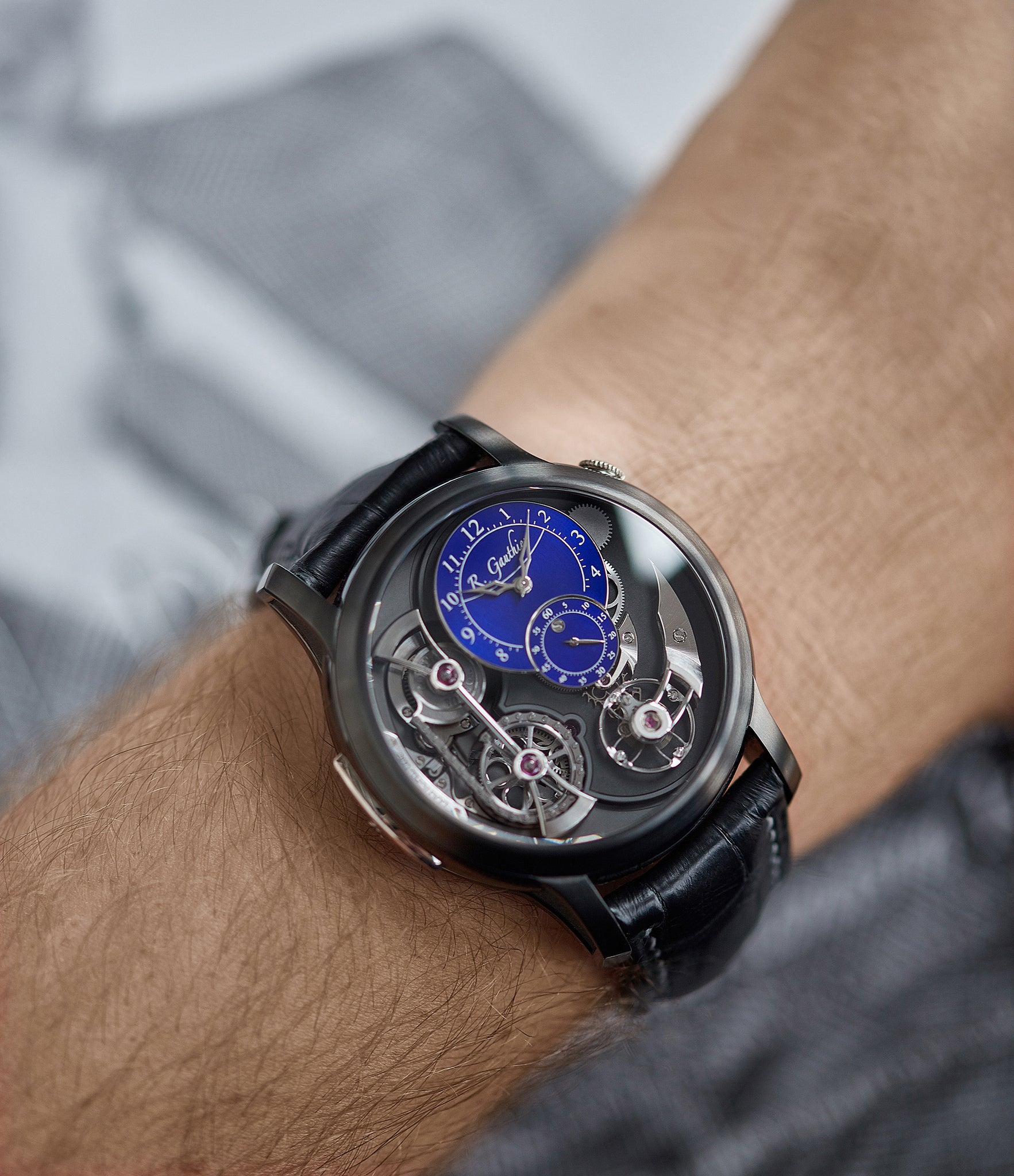 pre-owned Romain Gauthier Limited Edition Logical One BTG titanium watch blue enamel dial for sale online at A Collected Man London UK specialist of independent watchmakers