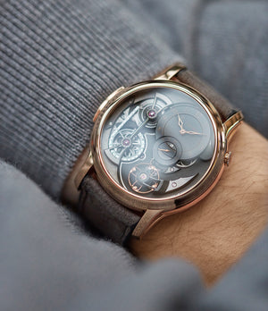 on the wrist Romain Gauthier Logical One red gold dress watch by independent watchmaker for sale online at A Collected Man London UK specialist of rare watches