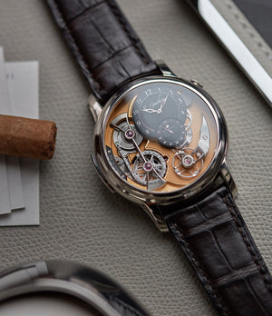 independent watchmaker Romain Gauthier Logical One white gold skeletonised watch for sale online at A Collected Man London UK specialist of rare watches