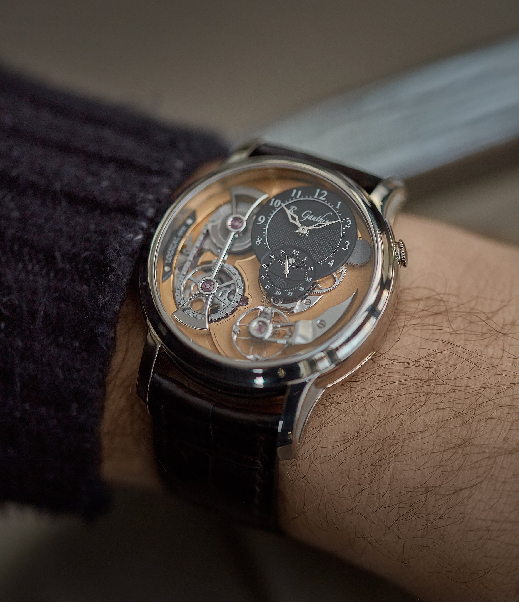 hands-on Romain Gauthier Logical One white gold skeletonised watch for sale online at A Collected Man London UK specialist of independent watchmakers