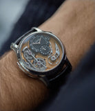on the wrist Romain Gauthier Heritage Collection award-winning Logical One white gold skeletonised watch for sale online at A Collected Man London UK specialist of independent watchmakers