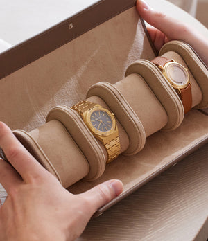 Rome, four-watch roll Four-watch oval-shaped roll in desert taupe Saffiano leather | A Collected Man | Available Worldwide