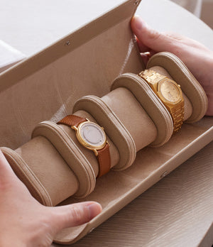 Rome, four-watch roll, linen, saffiano leather | Buy at A Collected Man London