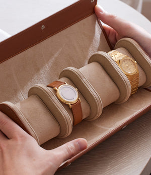 Rome, four-watch roll Four-watch oval-shaped roll in whisky-tan Saffiano leather | A Collected Man | Available World Wide