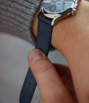 Selling Santorini II JPM watch strap Laurent Ferrier navy blue saffiano leather box stitched quick-release springbars buckle handcrafted European-made for sale online at A Collected Man London