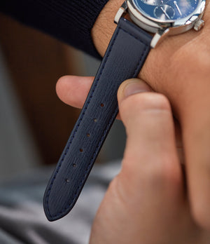 Buy saffiano quality watch strap in cosmic blue blue from A Collected Man London, in short or regular lengths. We are proud to offer these hand-crafted watch straps, thoughtfully made in Europe, to suit your watch. Available to order online for worldwide delivery.