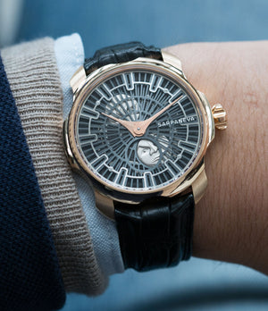 on the wrist Sarpaneva Korona rose gold time-only moonphase dress watch for sale online at A Collected Man London approved re-seller of independent watchmakers
