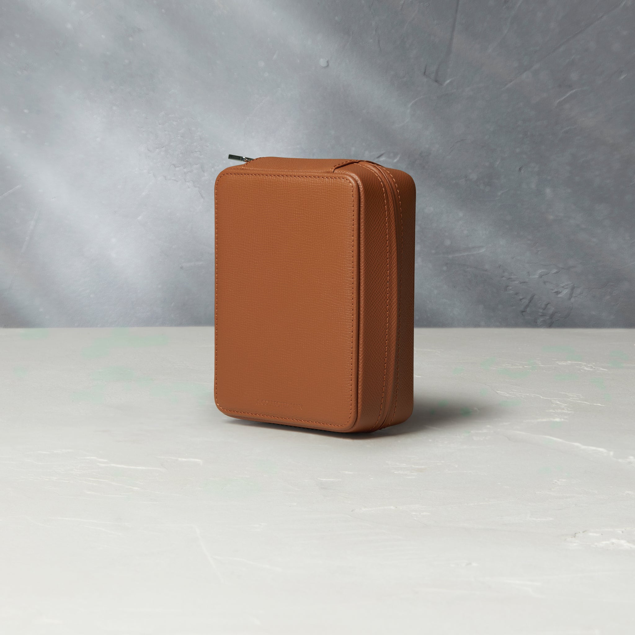 Watch case | Four-watch rectangular case in whisky-tan grained leather | Available World Wide | A Collected Man