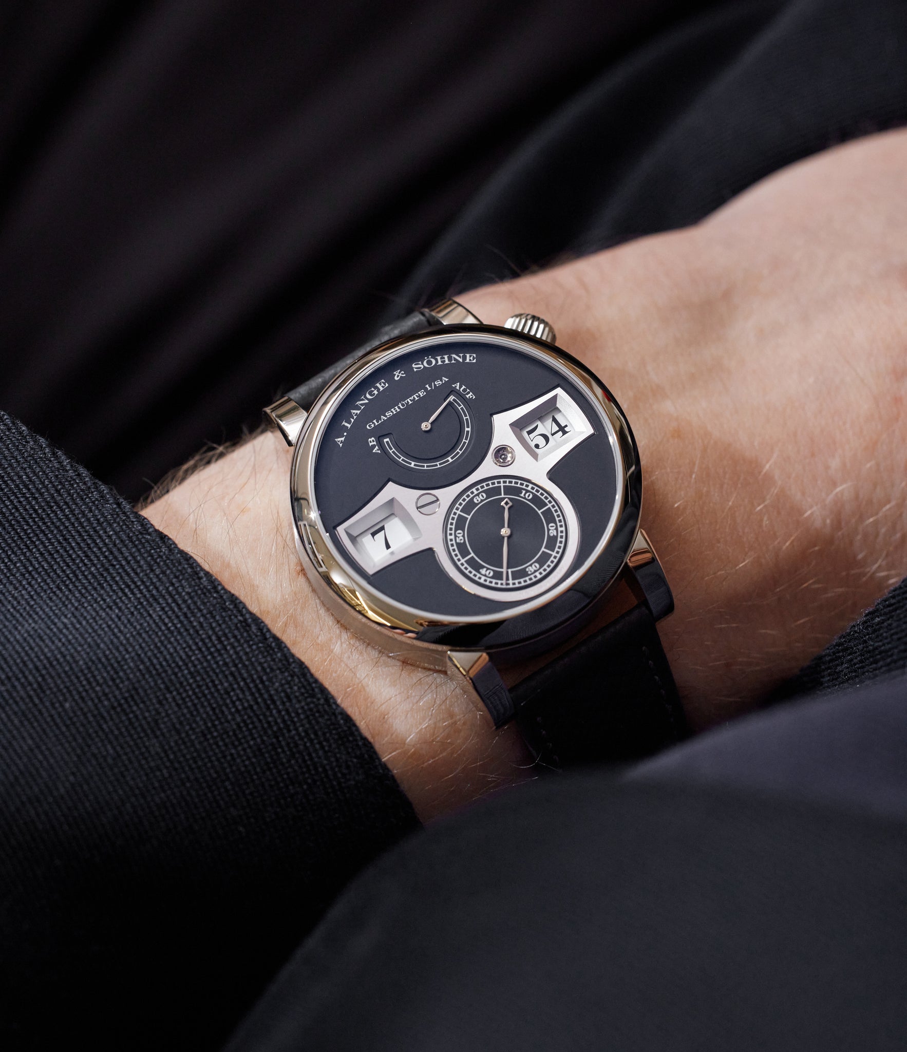 A. Lange & Söhne Zeitwerk | 140.029 | Dial | On Wrist | White Gold | Available to Buy Worldwide At A Collected Man