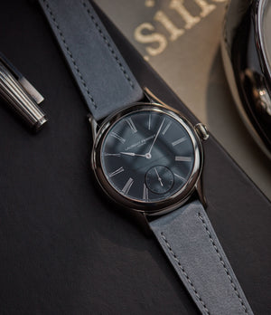 Purchase 21mm Tallinn Molequin watch strap Laurent Ferrier pastel grey nubuck leather quick-release springbars buckle handcrafted European-made for sale online at A Collected Man London