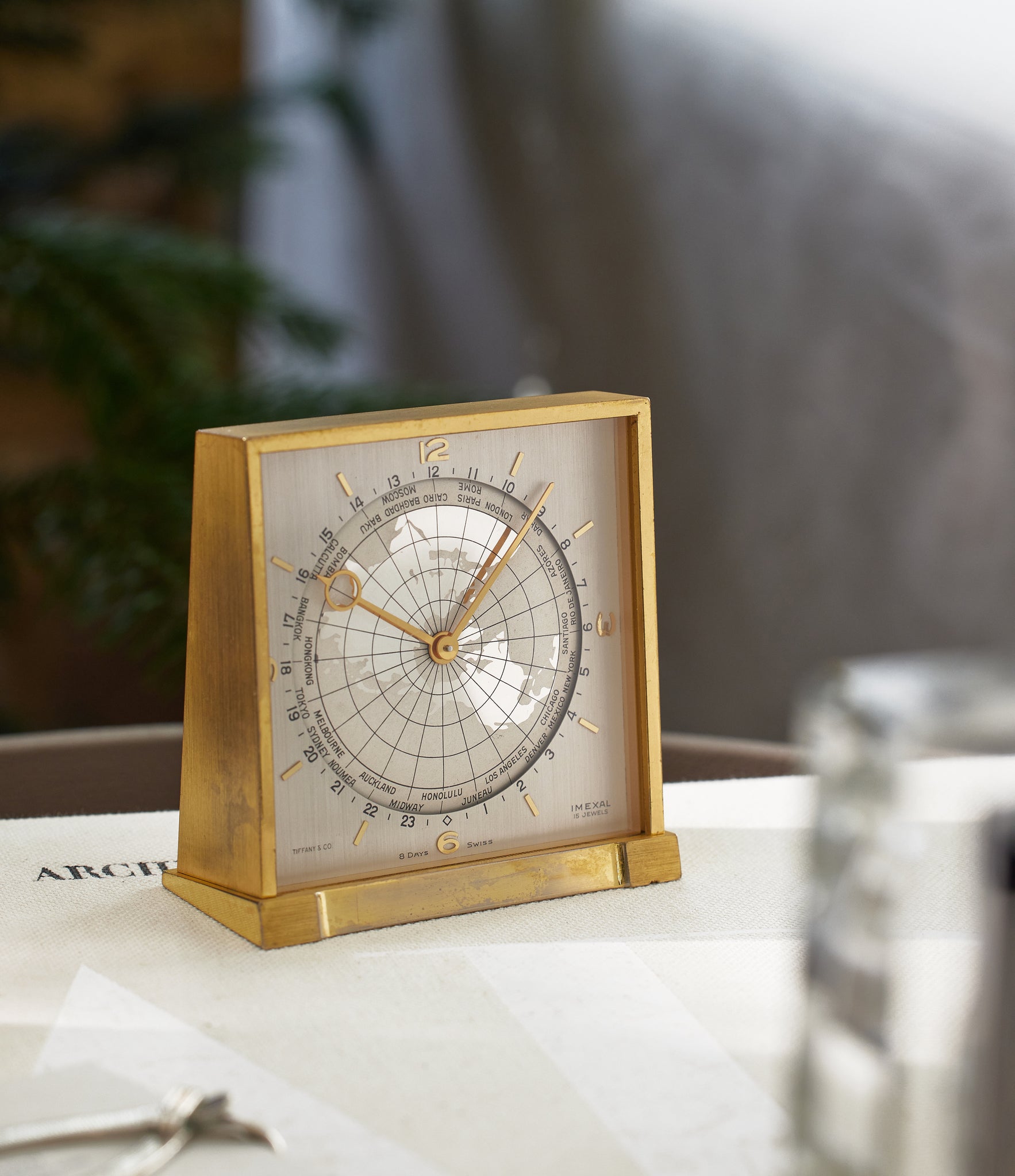 rare vintage Tiffany Worldtime desk clock available to buy at A Collected Man London
