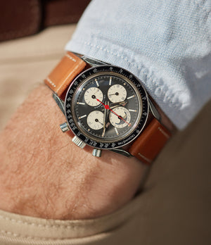 on the wrist Universal Geneve Tri-Compax Evil Clapton 881101/02 black dial vintage steel chronograph for sale online at A Collected Man London UK specialist of rare watches
