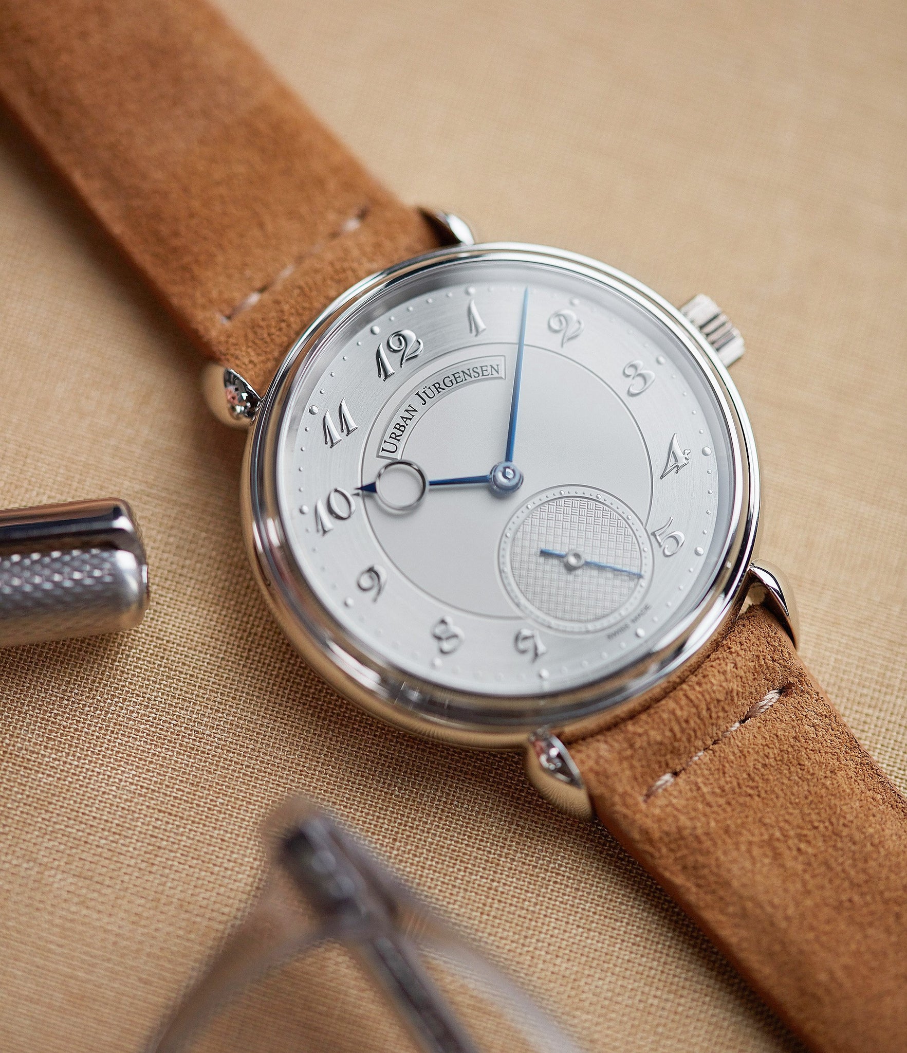 Shop Barcelona JPM watch strap Urban Jurgensen tan suede quick-release springbars buckle handcrafted European-made for sale online at A Collected Man London