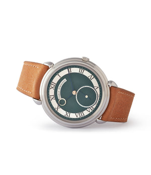 side-shot Urban Jürgensen Big 8 London Limited Edition British racing green dial steel time-only dress watch for sale exclusively at A Collected Man London