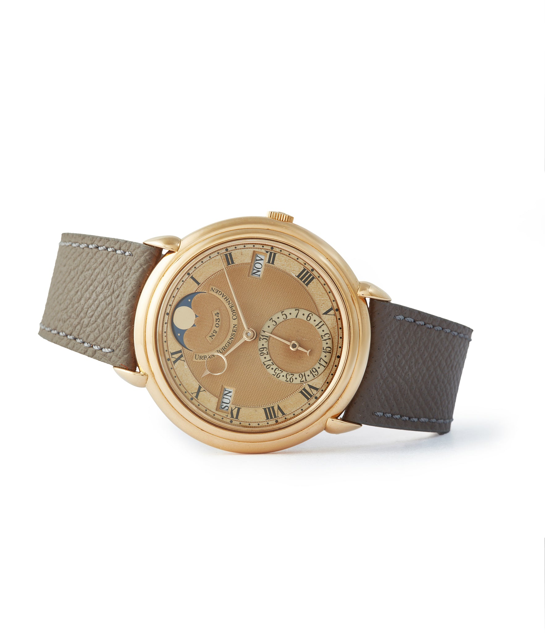 side-shot Ref. 2 Urban Jürgensen Perpetual Calendar Moonphase Derek Pratt dial rare dress watch independent Danish Swiss watchmaker for sale online at A Collected Man London