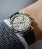 on the wrist pre-owned Vacheron Constantin Les Historique Chronograph 47101/1  manual-winding luxury dress watch for sale online at A Collected Man London UK specialist of rare watches