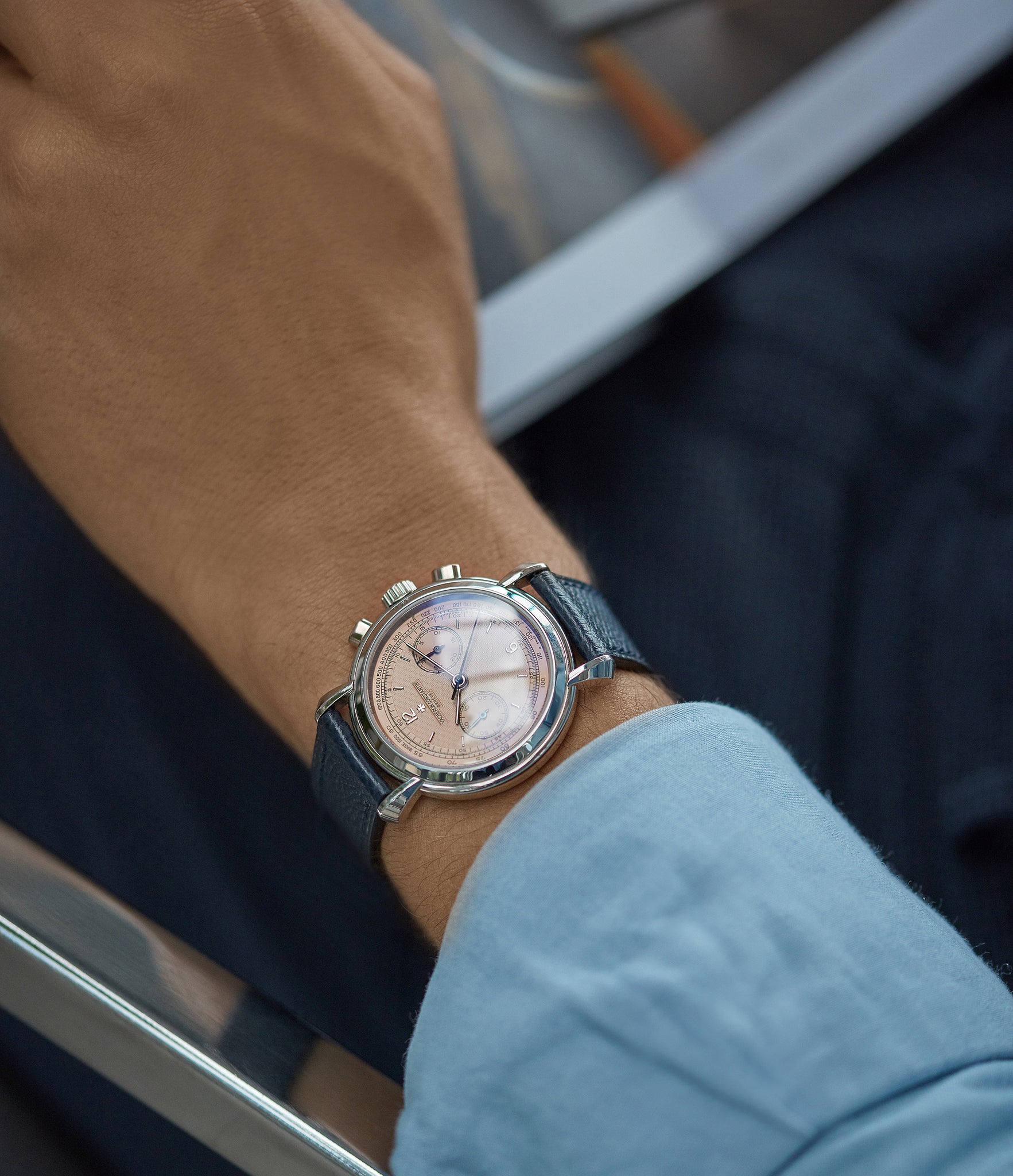 rare Vacheron Constantin Les Historiques Chronograph 47111/000P platinum salmon dial dress watch for sale online A Collected Man London UK specialist rare watches