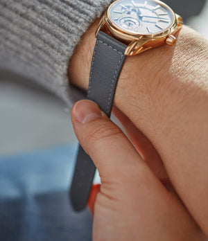 Shop Venice II JPM watch strap Gronefeld grey saffiano leather box stitched quick-release springbars buckle handcrafted European-made for sale online at A Collected Man London