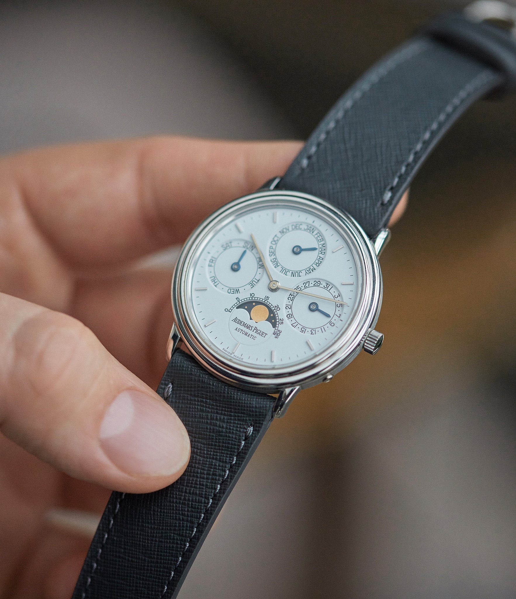 Buy saffiano quality watch strap in grey citadel grey from A Collected Man London, in short or regular lengths. We are proud to offer these hand-crafted watch straps, thoughtfully made in Europe, to suit your watch. Available to order online for worldwide delivery.