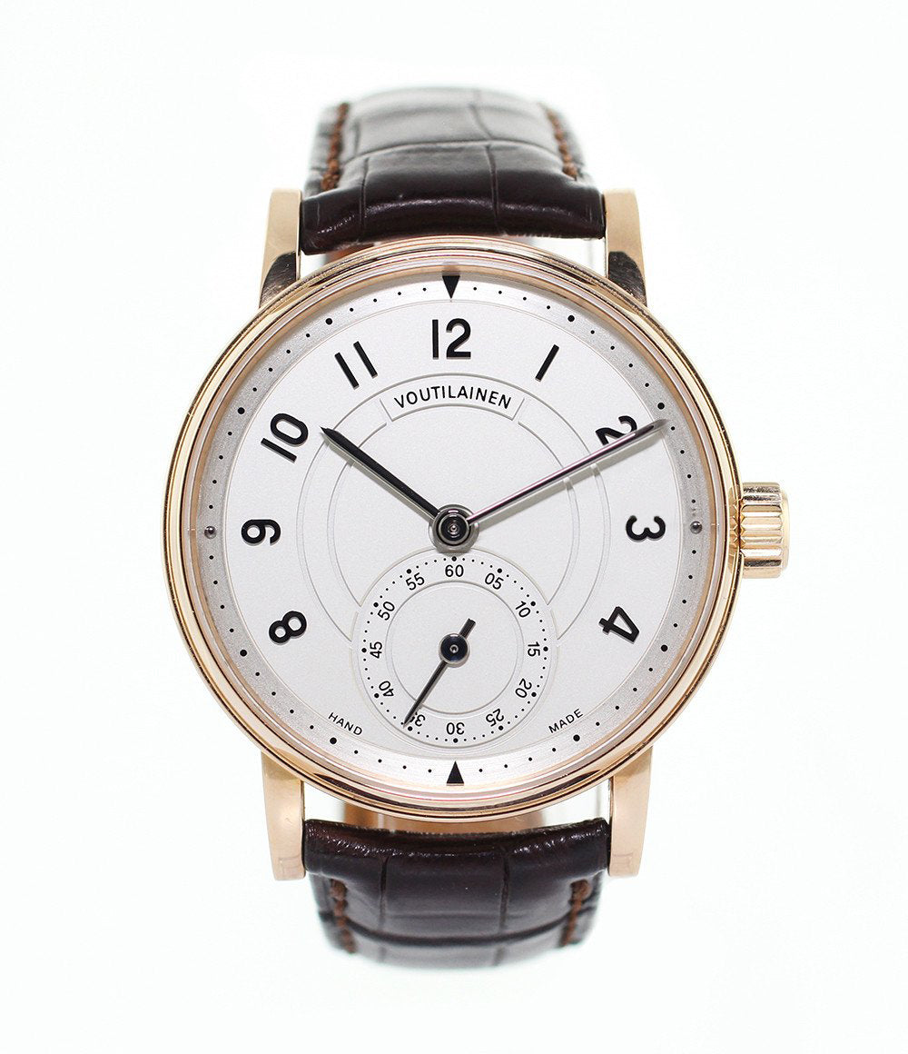 Voutilainen Observatoire  18-carat rose gold manual-winding pre-owned watch with silver dial and brown strap