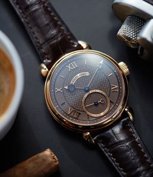 Kari Voutilainen Vingt-8 Cal. 28 rose gold dress watch with brown guilloche dial for sale at A Collected Man London approved re-seller of preowned Voutilainen watches