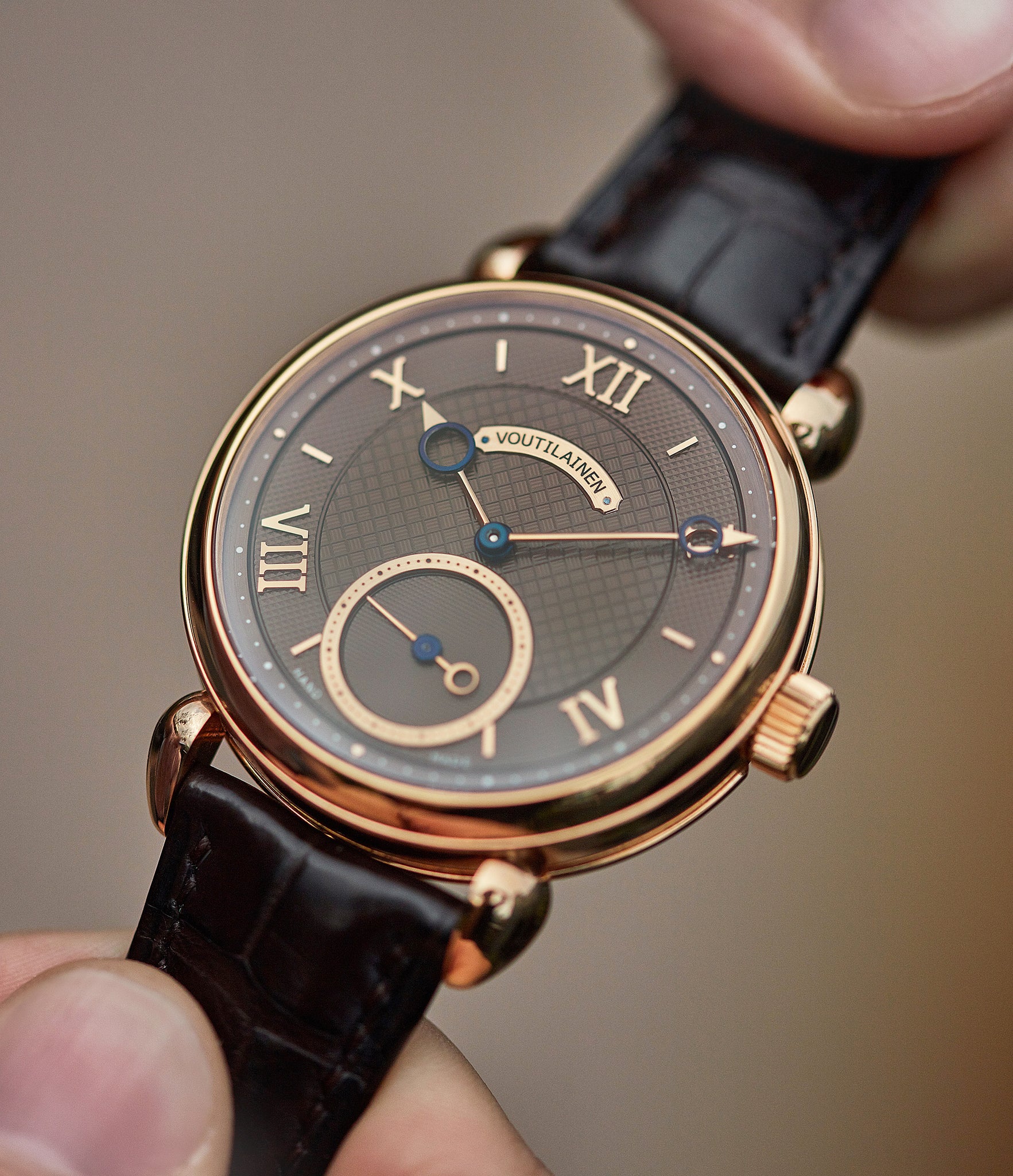 selling Kari Voutilainen Vingt-8 Cal. 28 rose gold dress watch with brown guilloche dial for sale at A Collected Man London approved re-seller of preowned Voutilainen watches