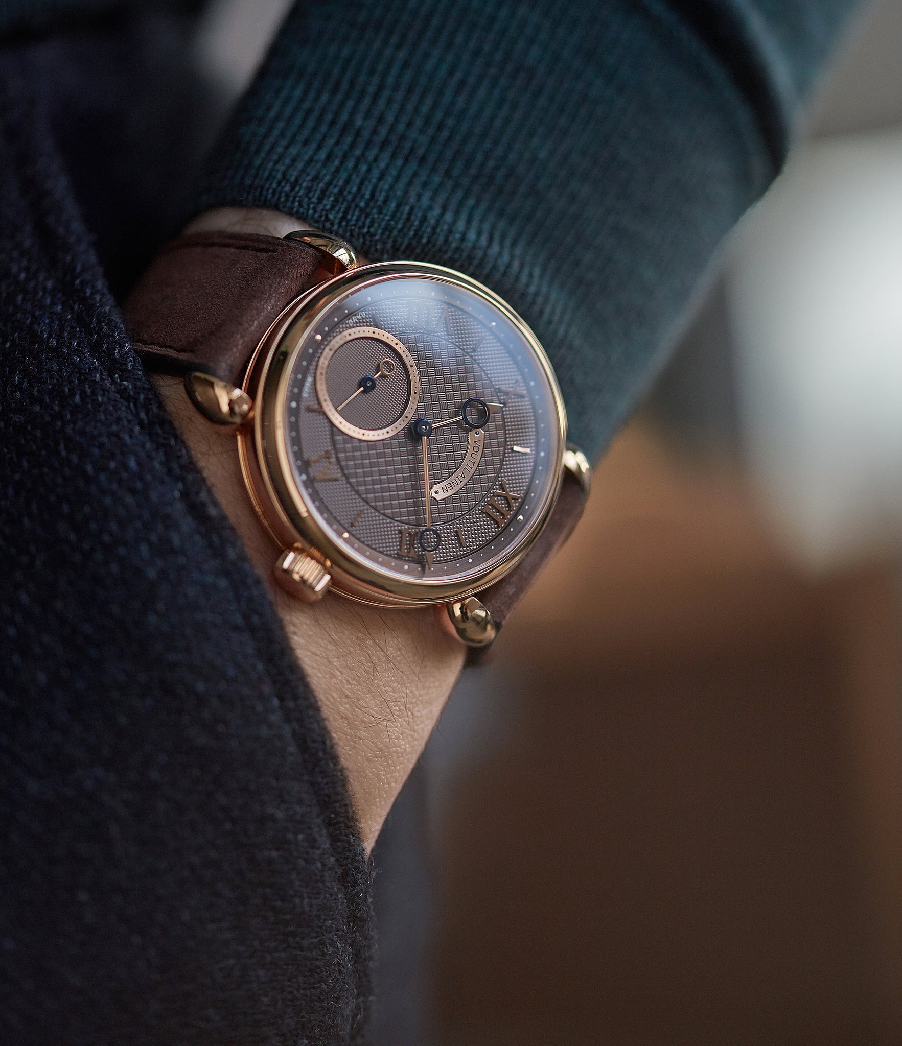men's luxury wristwatch Voutilainen Vingt-8 Cal. 28 rose gold dress watch with brown guilloche dial for sale at A Collected Man London approved re-seller of preowned Voutilainen watches